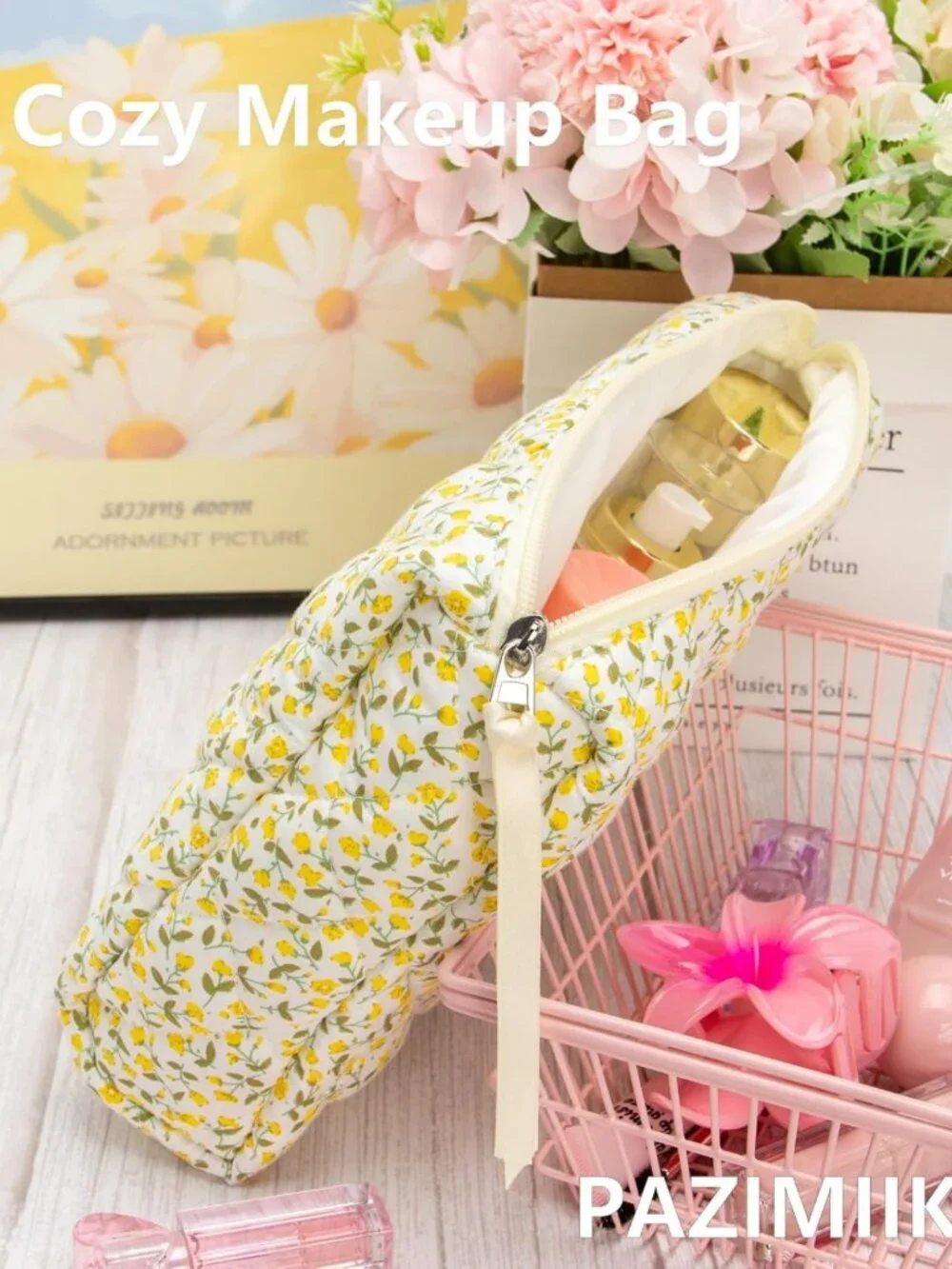 Floral Yellow 3-Piece Quilted Makeup Bag Set for Women | Cosmetic & Toiletry